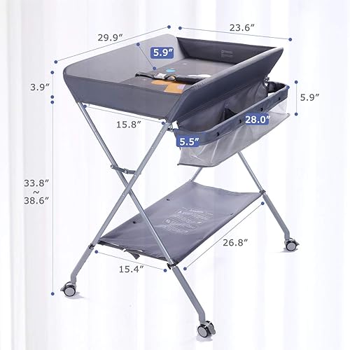 Miniatura 2 de EGREE Baby Changing Table Portable Folding Diaper ChangingStation with Wheels Adjustable Height Mobile Nursery Organizer with Safety Belt and Large