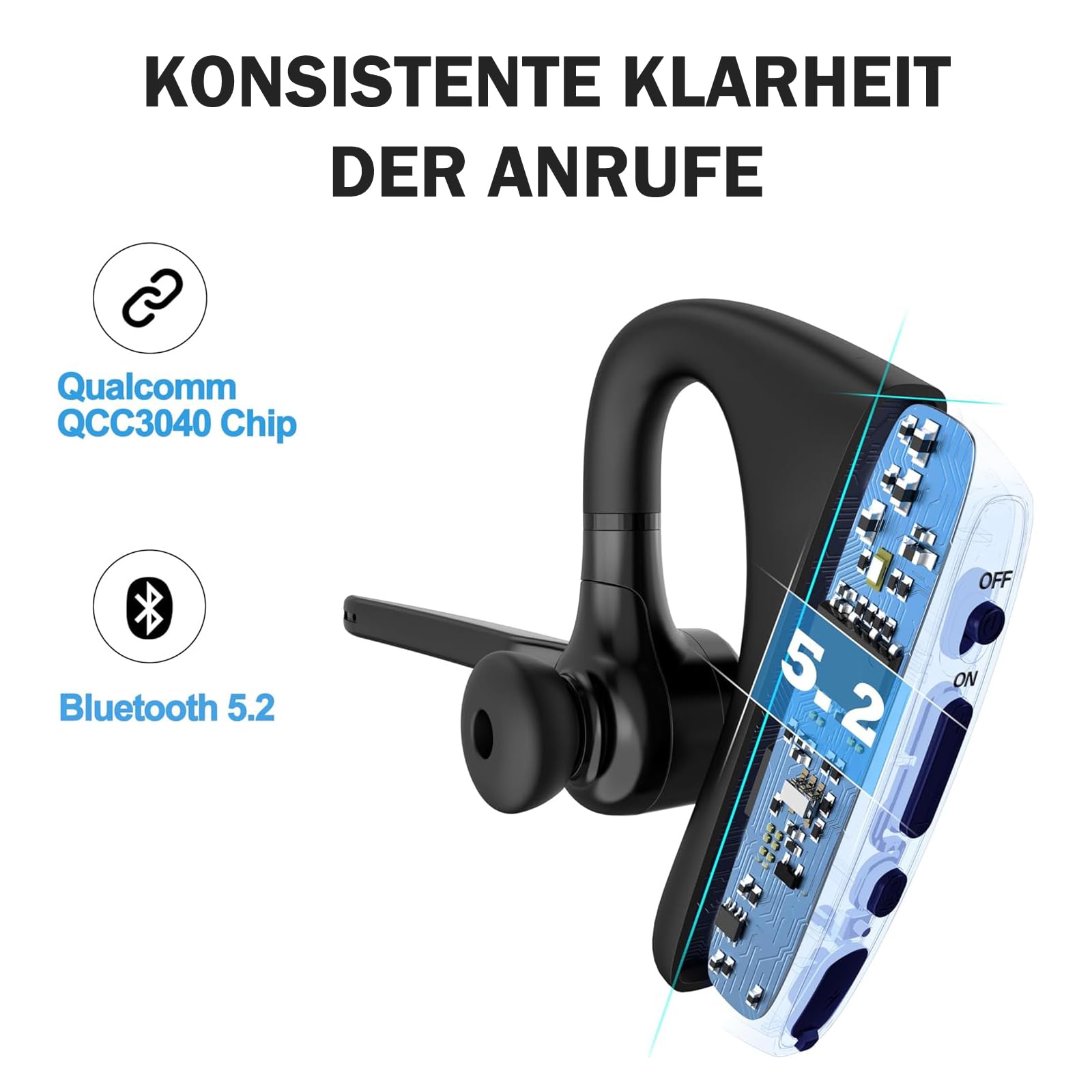 Conambo Auricolare Bluetooth senza fili V5.２, K10C Auricolare Bluetooth monofonico con cancellazione del rumore CVC 8.0 e ENC per la guida e il lavoro, 16 ore di conversazione