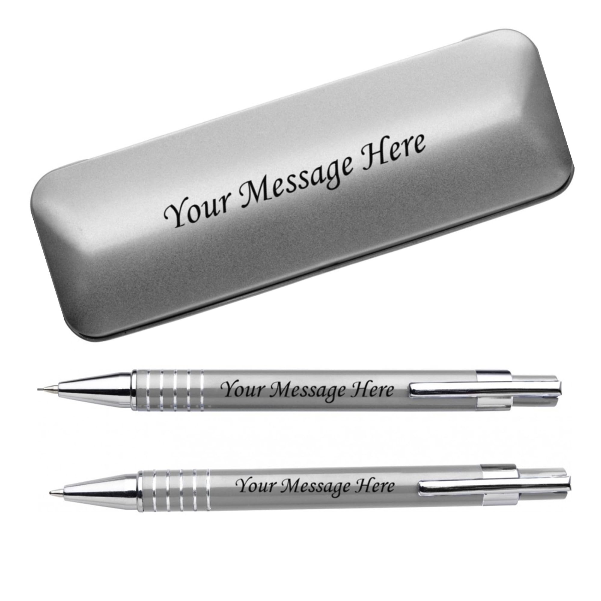 TownGifts2X Silver Personalised Pens Deep Laser Engraved Aluminium Personalised Pen - Dublin Writing Pens Set + Mechanical Pencil + Steel Gift Box Engraved Pen - Personalised Gifts For Men & Women