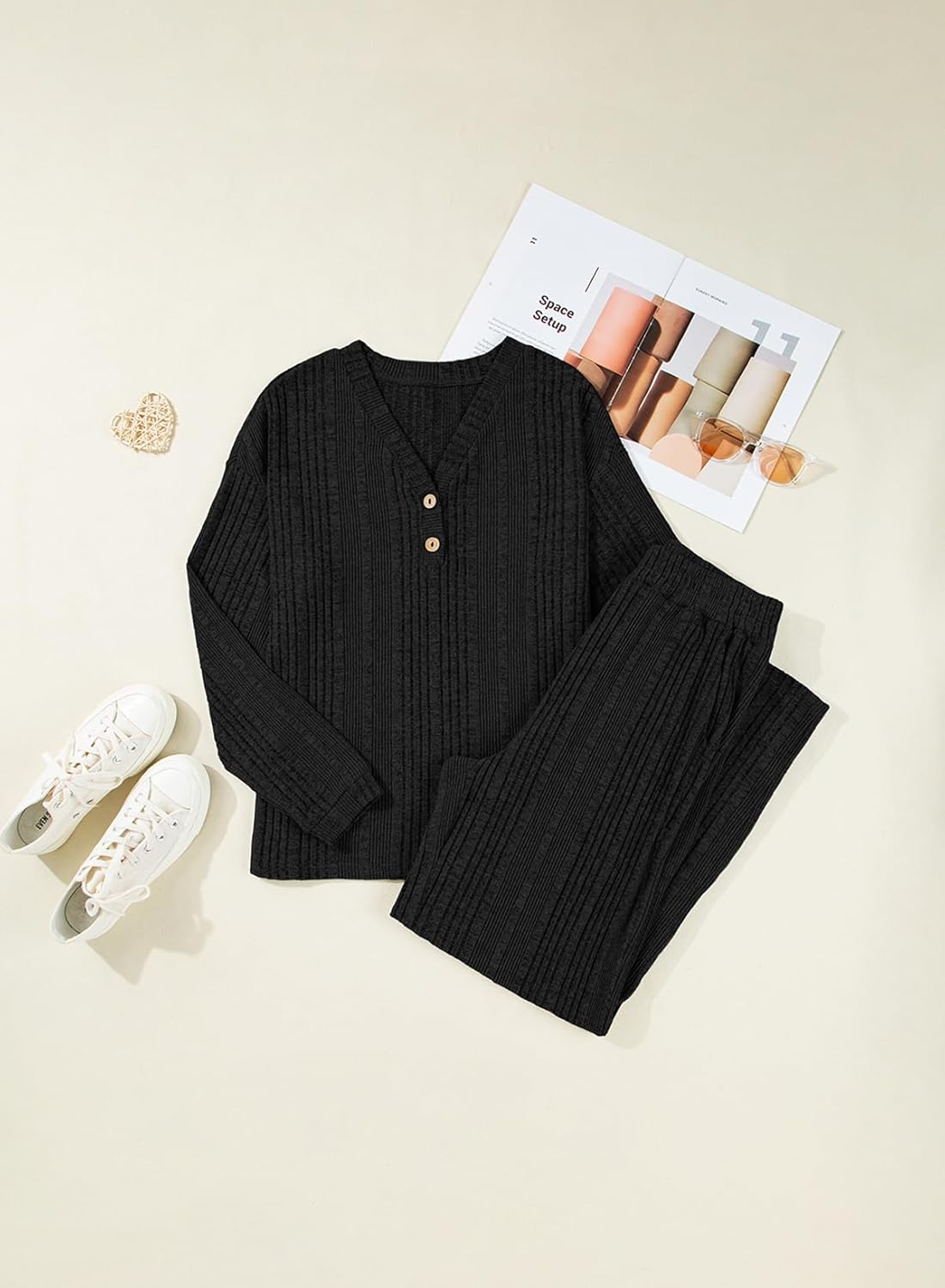 Dokotoo 2 Piece Lounge Sets for Women Ribbed Knit Button V Neck Long Sleeve Tops Matching Pants Pajamas Set 2025 Fall Outfits - Image 6