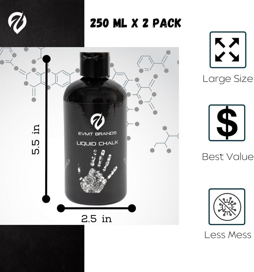 EVMT Brands Liquid Chalk, Mess Free Gym Chalk for Weightlifting, Gymnastics, Rock Climbing, Dancing, and Lifting. Sweat Resistant and Long Lasting for Stronger Hand Grip. Package May Vary.
