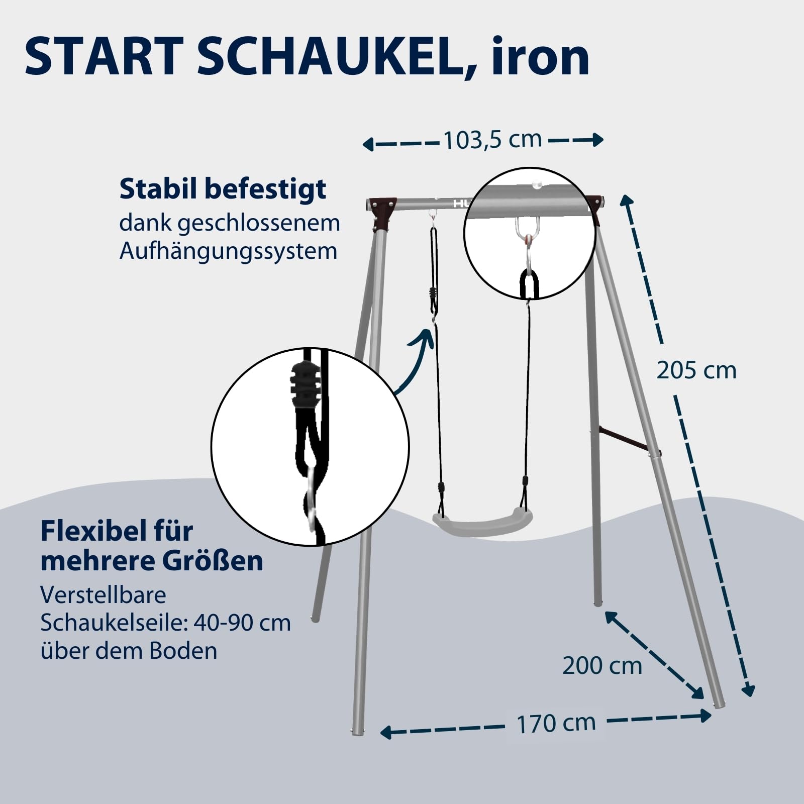 HUDORA Start Schaukelgestell inkl. Schaukelbrett - Wetterfeste Outdoor-Schaukel aus hochwertigem Stahl - Sichere Kinderschaukel für den Garten - Schaukel-Gestell für Kinder mit verstellbaren Seilen