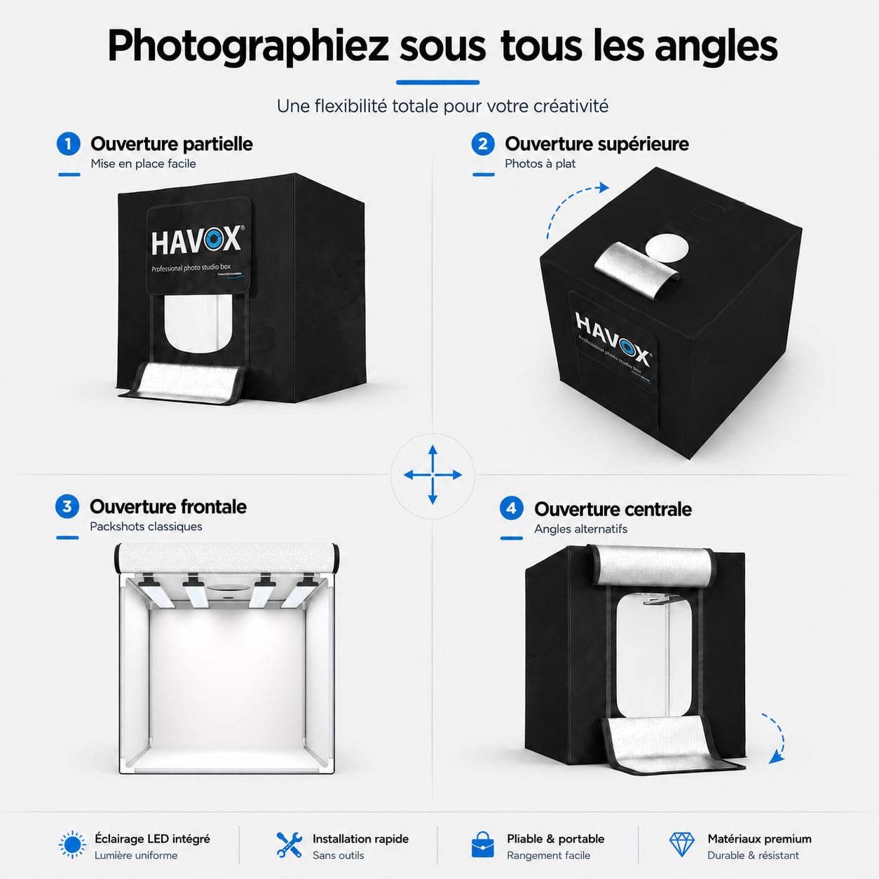 HAVOX Studio Photo HPB-40XD - 40x40x40cm – Boîte à lumière LED 5500K 26000lm – Lightbox Portable avec 4 Panneaux inclinables – Mini Studio e-Commerce – Shooting Produit Amazon, packshot, Fond Blanc