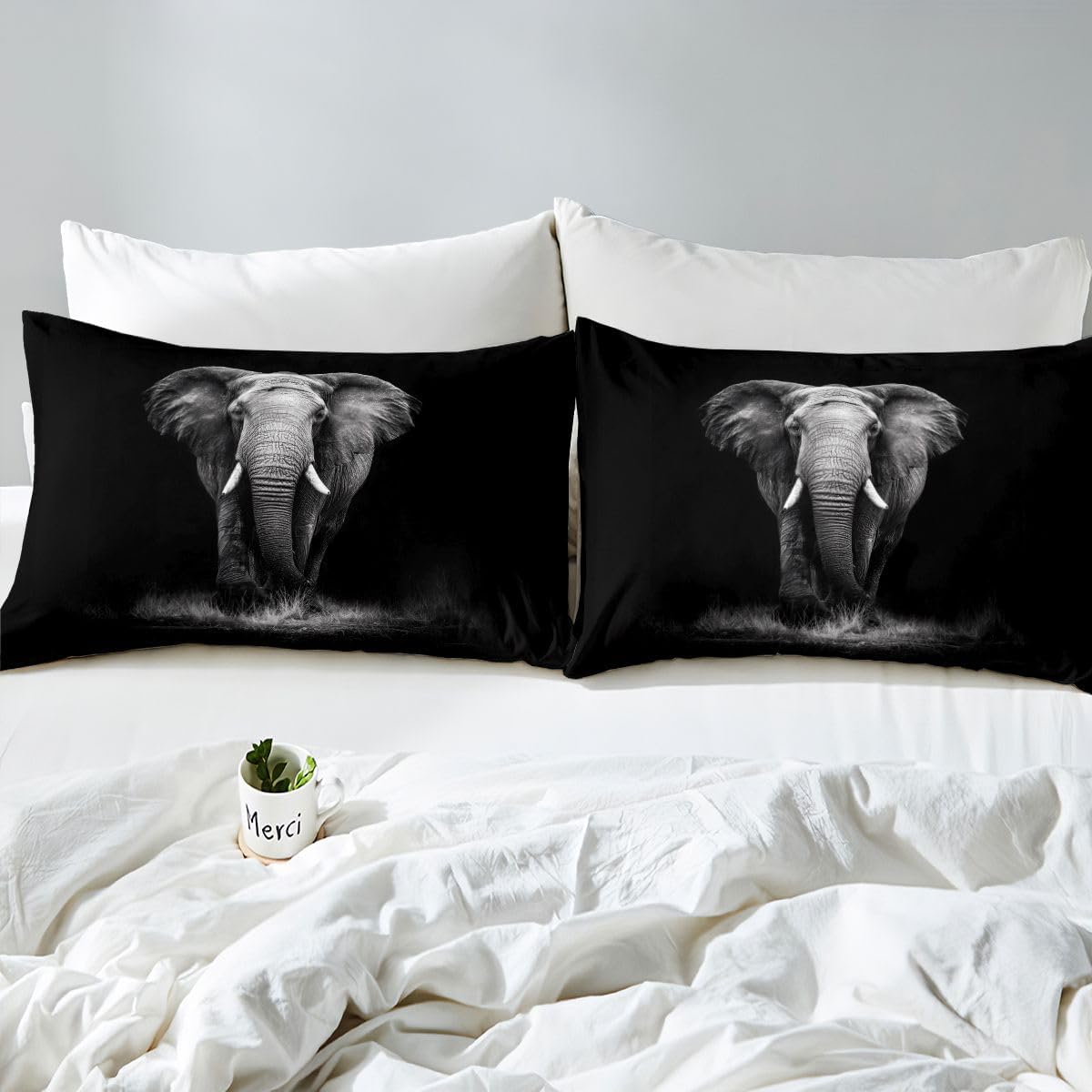 Elephant Duvet Cover Set Queen Size, Wild Animal and the Vivid 3D Animal Decorative Black Grey Comforter Cover Set 3 Pieces Bedding Set with 2 Pillow Sham, Zipper, Exotic Style theme Bedspread Cover