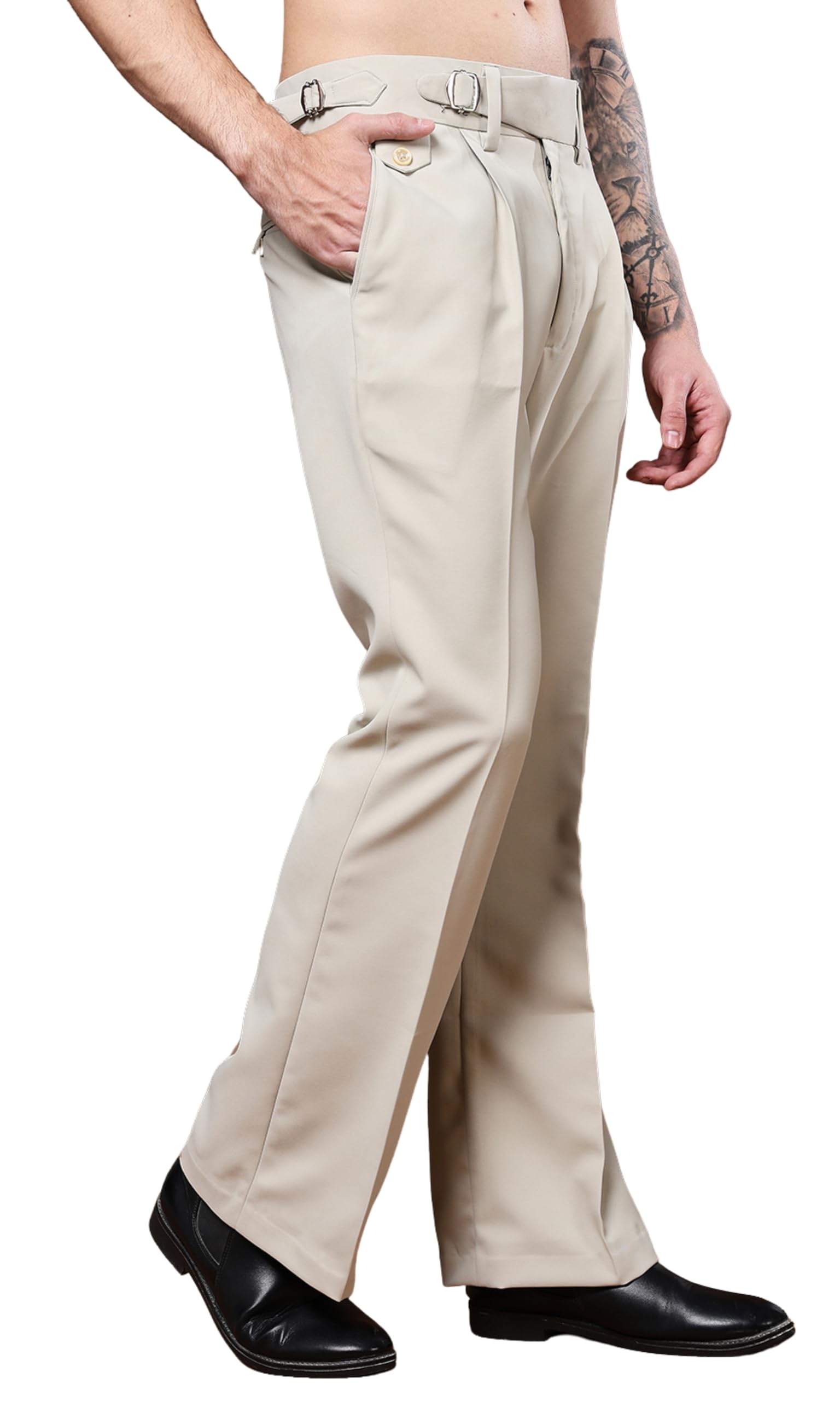 viva trendz Mens Beige Gurkha Pants with Single Buckle Closure Premium Casual Bell Bottom Trousers for Men High Waist Pleated Formal & Casual Wear Pant Stylish Retro Flared Bottom Pant-picture-37
