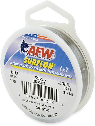 Miniatura 60 de Alambre de pesca americano Surflon recubierto de nailon de 1 x 7 pulgadas, línea líder de pesca para agua salada, prueba de 10 libras, prueba de 250