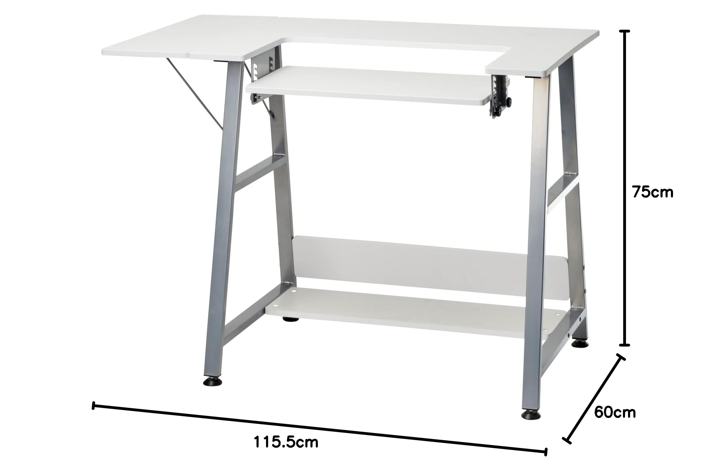 Sewing Online Petite Table de Couture, Blanche avec Pieds argentés – Table pour Machine à Coudre avec Plateforme réglable, Extension à abattant et étagère de Rangement - WC1013