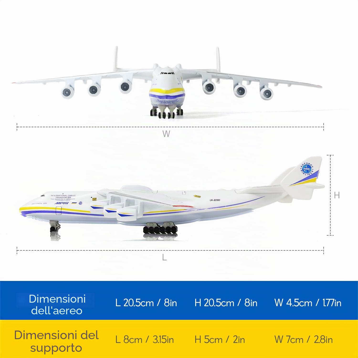 Antonov An-225 Mriya, modello in metallo pressofuso in scala 1/400 (livrea ucraina), grande aereo da trasporto strategico in miniatura per adulti appassionati di aviazione e modellismo