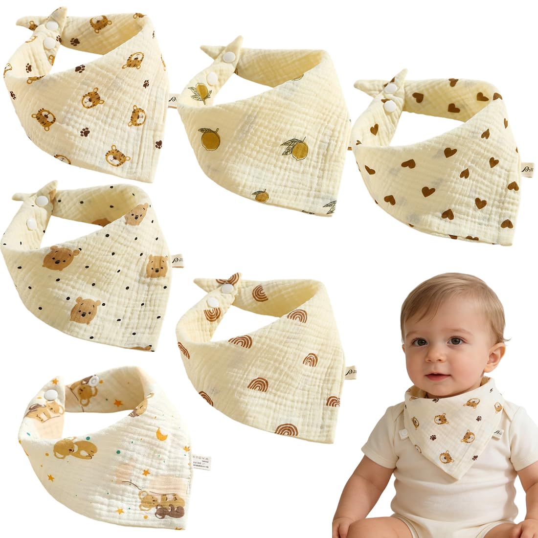 RUKAN 6 Baberos Triangulares Para Bebé: Pañuelos De Muselina 100% Algodón Para Recién Nacidos, Niños Y Niñas; Pañuelos Absorbentes Y Ajustables Para Bebé