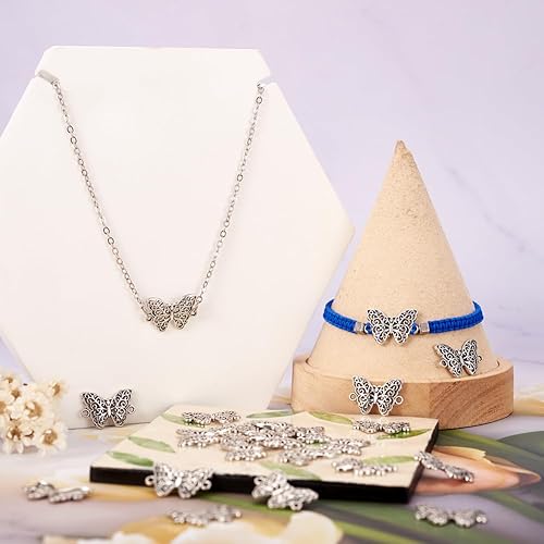 Miniatura 2 de FASHEWELRY 100 dijes de eslabones de mariposa huecos de plata antigua, doble bucle, filigrana tibetana, para insectos, de 0.787 x 0.551 in, para