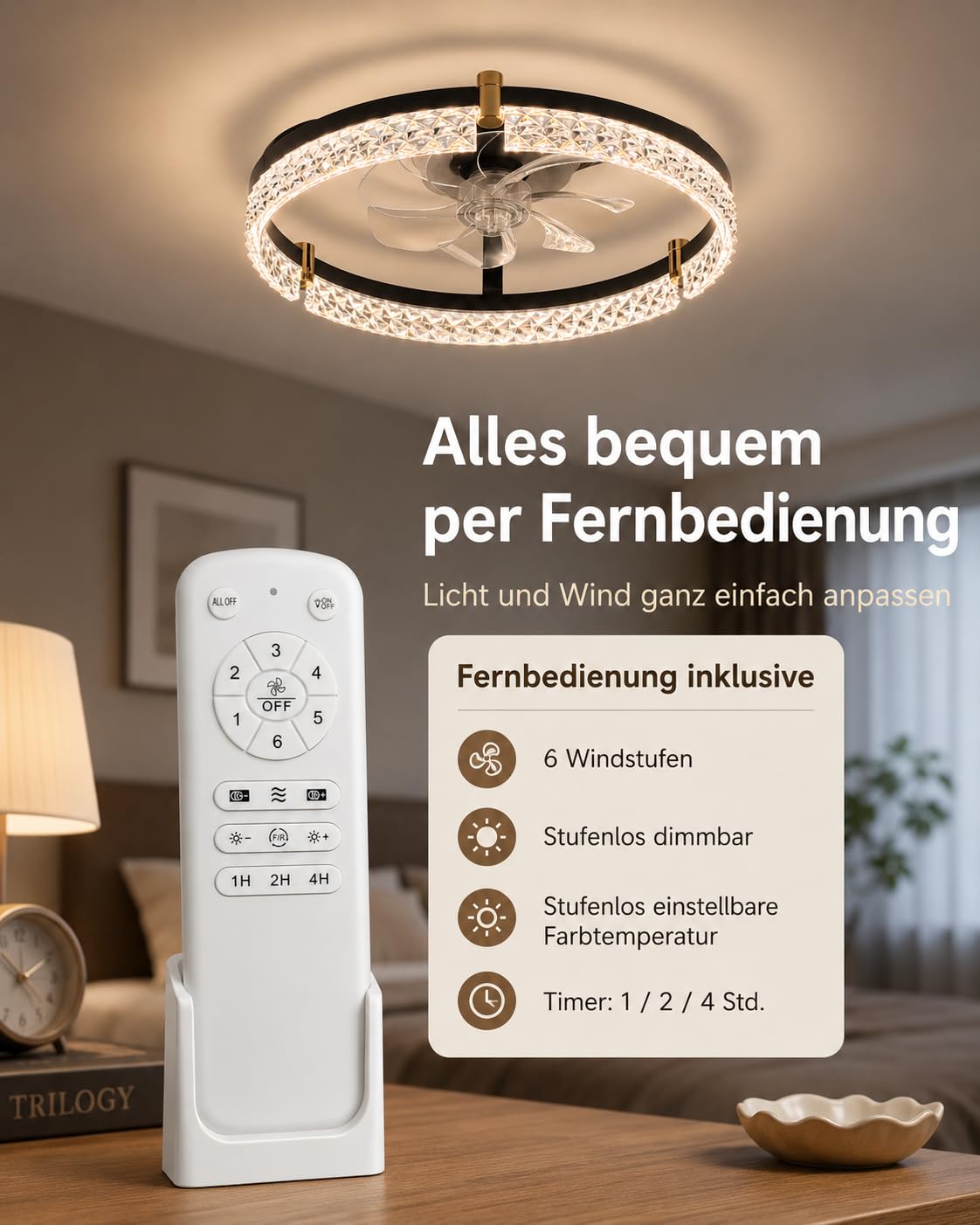 Airwit 50cm Deckenventilator mit Beleuchtung, Lampe mit Ventilator in Glasoptik, Deckenlampe mit Ventilator leise dimmbar, 3000K-6000K stufenlos, 6 Windstufen, Timer 1/2/4H, App Fernbedienung, Schwarz