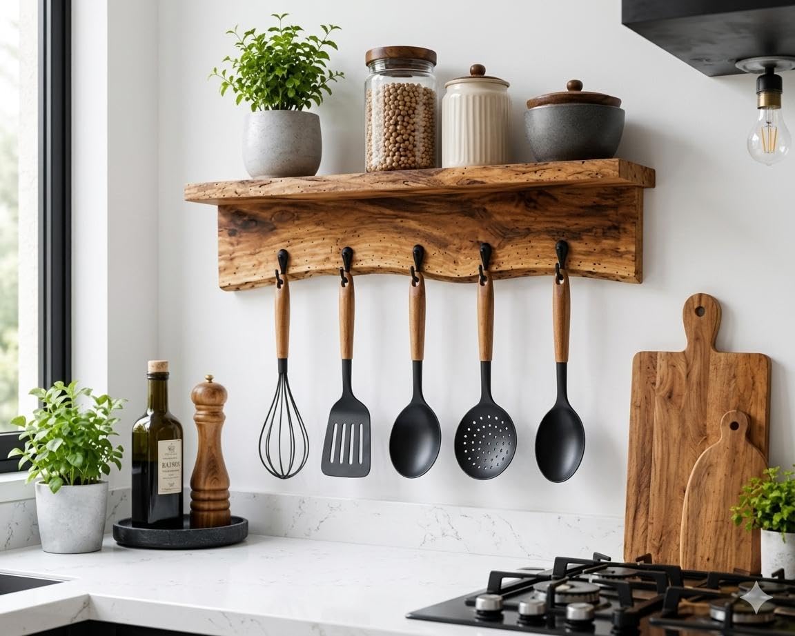 Dreamy design Acacia Wood Wall Mounted Shelf Organizer with 5 Hooks | Floating Kitchen Shelf with Heavy Duty Metal Brackets | Storage Shelf for Kitchen, Coffee Bar, Dining Room, Bathroom & Home Décor-image-16