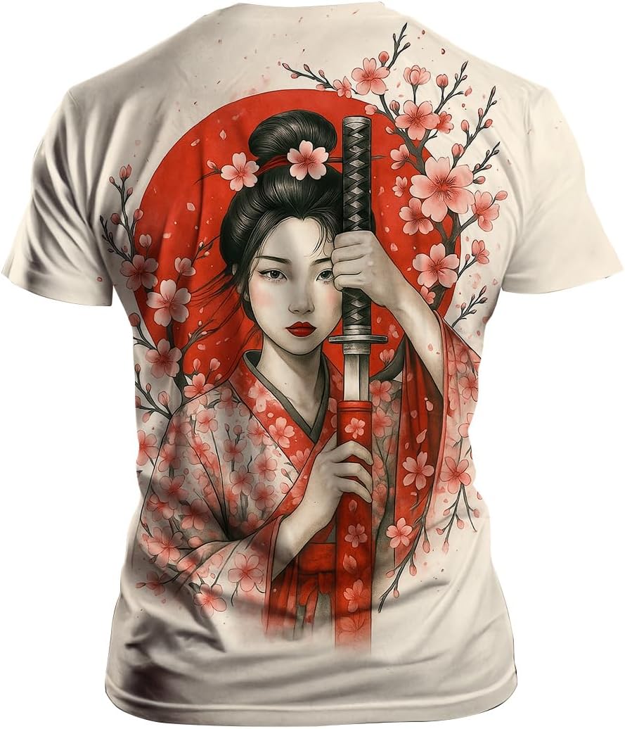 LAOLIUSN Funny Japanese Warrior Graphic T-Shirt Novelty Short Sleeve Crewneck Shirt - Image 3
