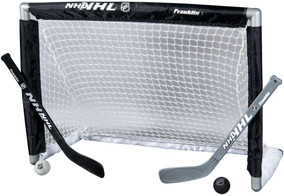 Franklin Sports NHL Youth Mini Hockey Goal + Stick Set - Kids Knee Hockey Net, Sticks + Foam Mini Balls - (1) Goal, (2) Sticks + (2) Balls Included