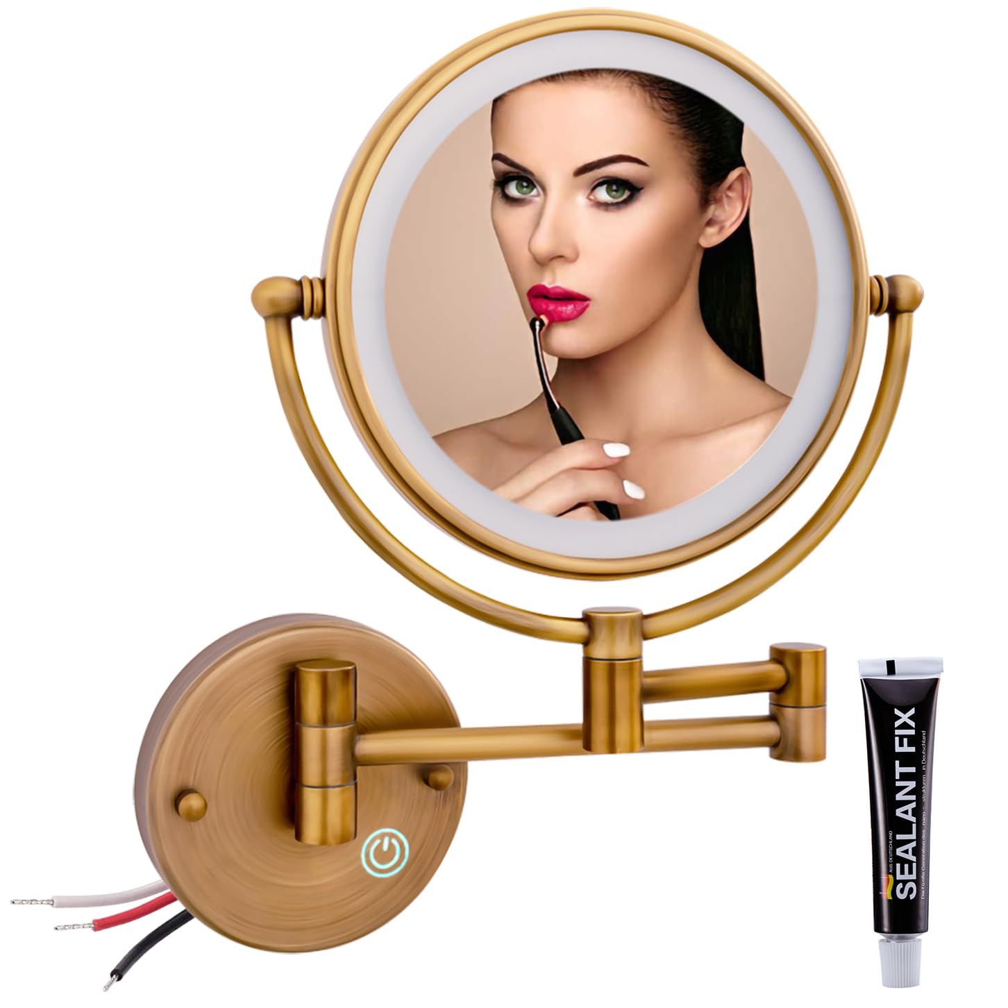 RECKODOR Espejo Maquillaje con Luz Aumento 1X / 5X, 8 Pulgad Baño de Pared con LED Doble Cara, 360 Giratorio, Brillo Regulable, Brazo Extensible, para SPA, Hotel, con Cable-Latón Antiguo Cepillado