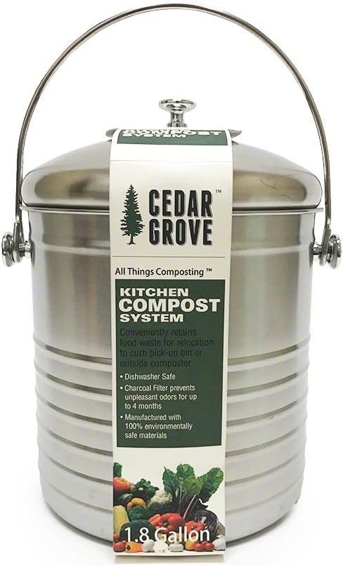 Cedar Grove Stainless Steel Kitchen Compost Bin 1.8 Gallon, with Charcoal Filter Lid