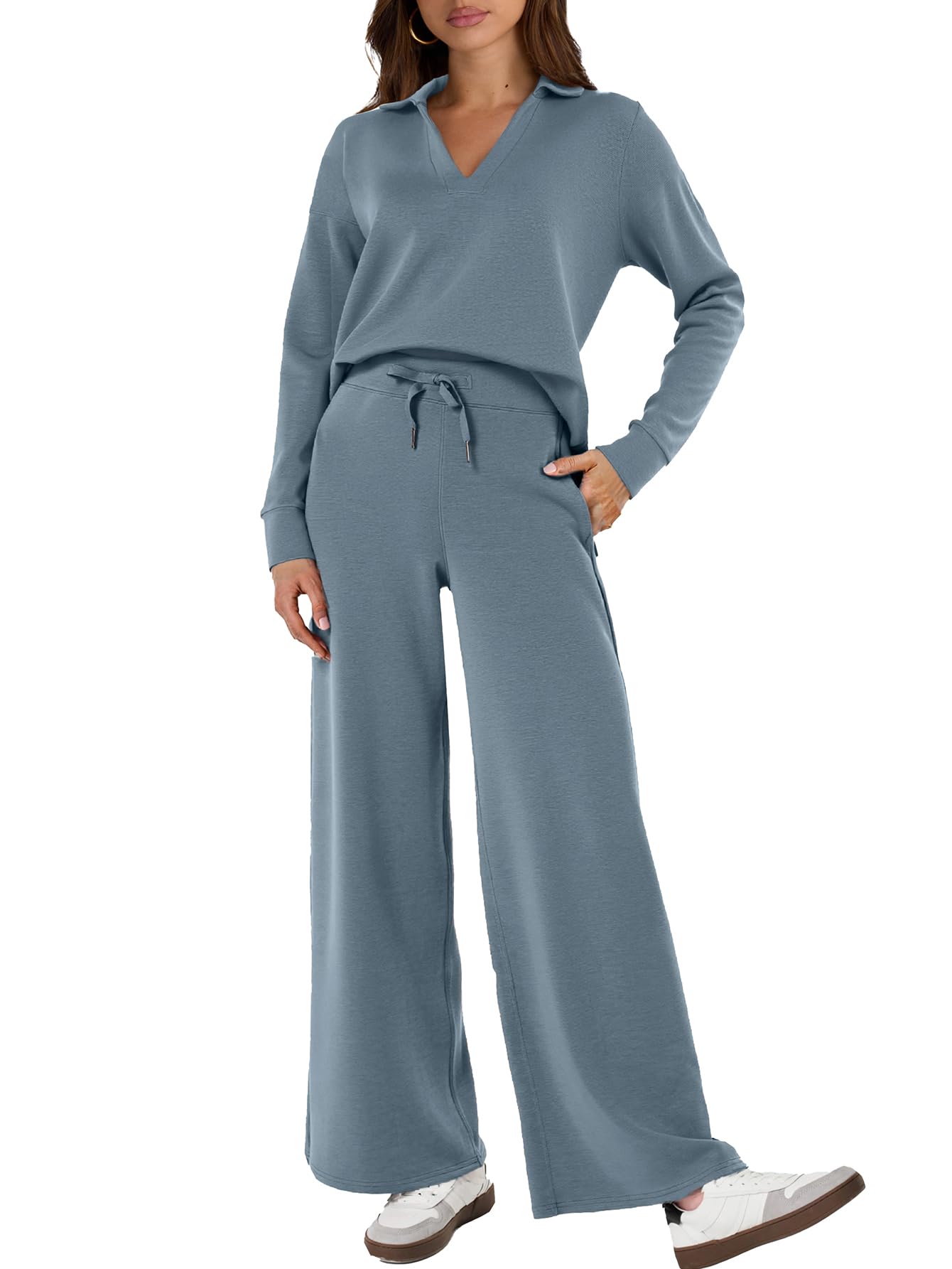 Glamaker Women's 2 Piece Sets Outfits Casual Long Sleeve Sweatsuits Polo Top and Wide Leg Pants Matching Sets