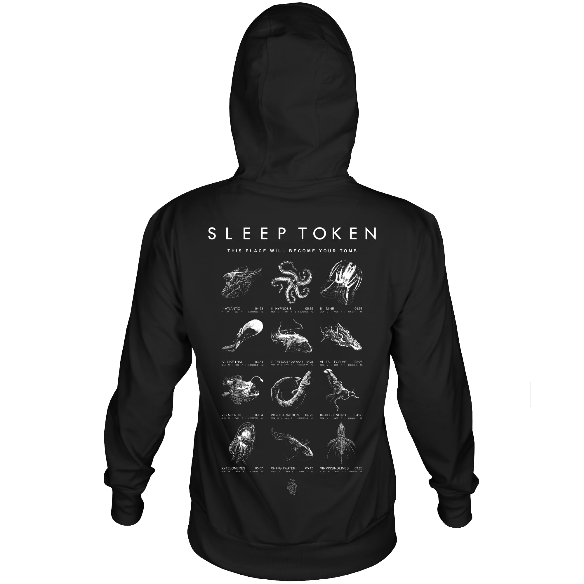Sleep Token Hoodie Tiefentabelle Erwachsene Vorder- und Rückseite Druck Schwarz Kapuzen-Sweatshirt Metall Rock Band Bekleidung