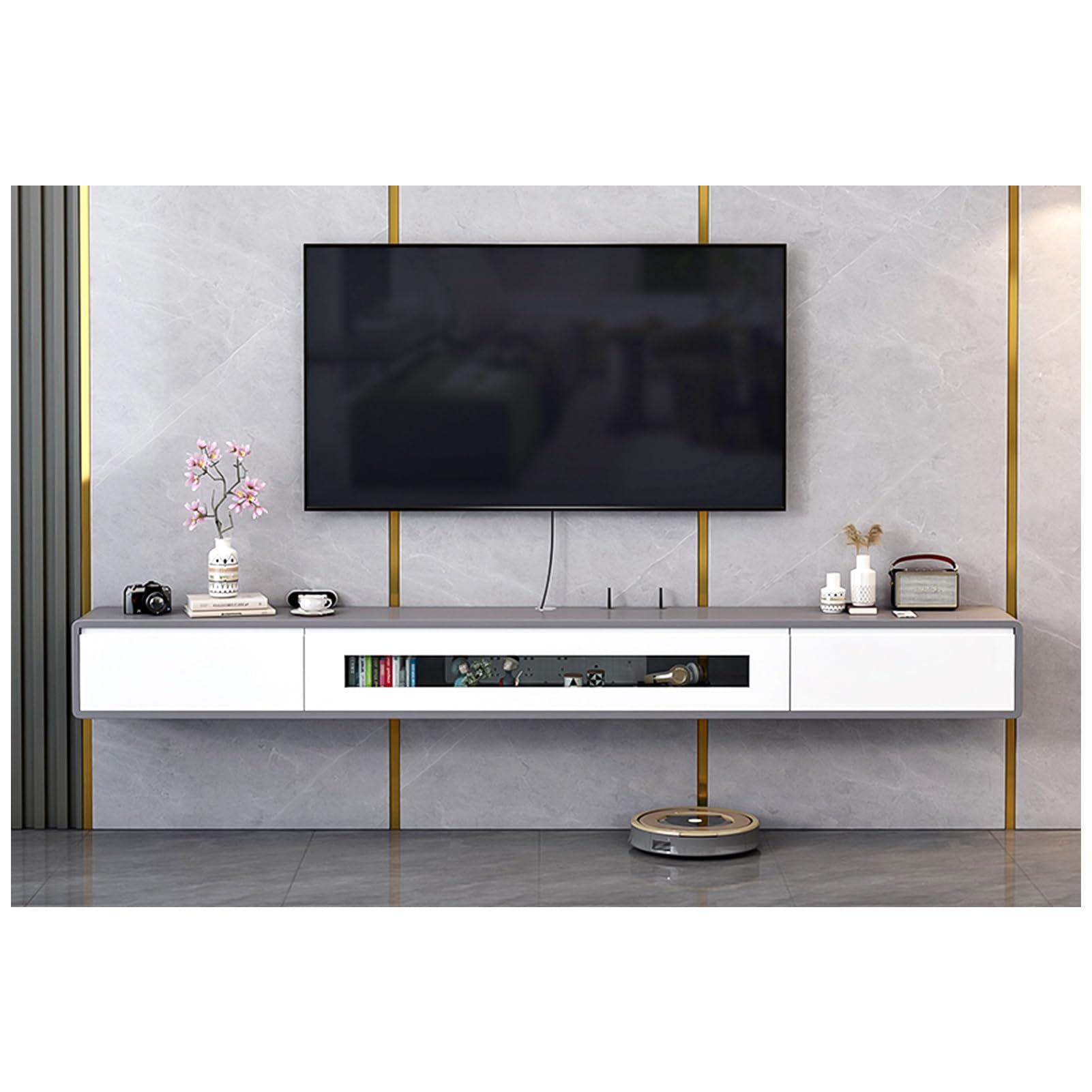 Mobile TV sospeso a Parete con cassetti e Ante, consolle multimediale in Legno montata a Parete con Foro per Cavi e Router, Moderno scaffale portaoggetti per Centro di intrat,A-200x24x20cm
