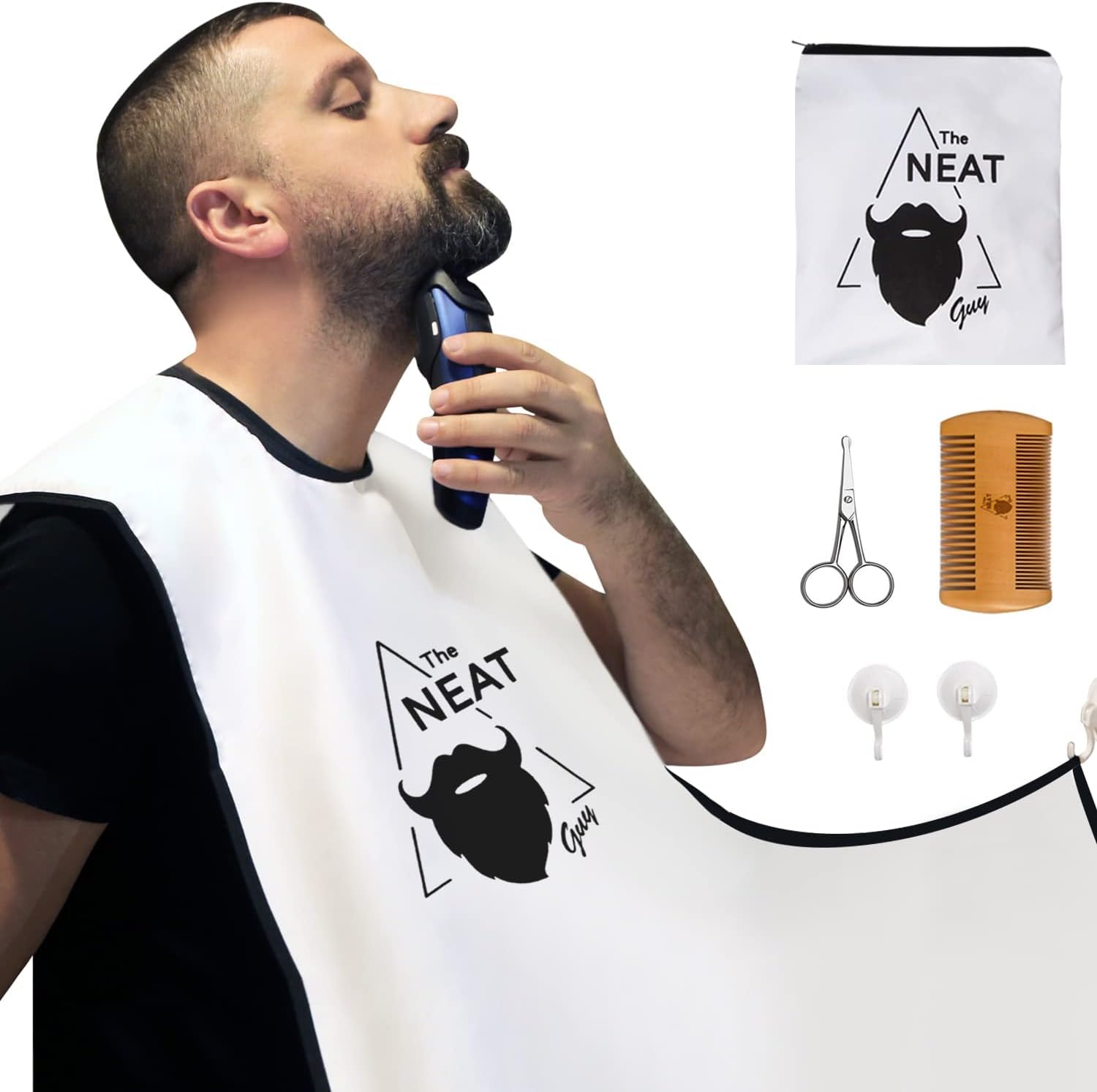 The Neat Guy5-Piece Beard Apron Kit - Non-Stick Beard Catcher/Bib + 2 Strong Suction Cups + Comb + Scissor + Bag for Mess-Free Shaving, Best Gift for Men (Set White)