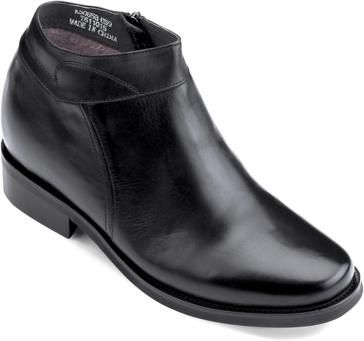 Calden Men's Invisible Height Increasing Elevator Shoes - Black Premium Leather Faux Fur Inner Lining Formal Zipper Boots - 3.2 Inches Taller - K50658 - Size 10 D(M) US
