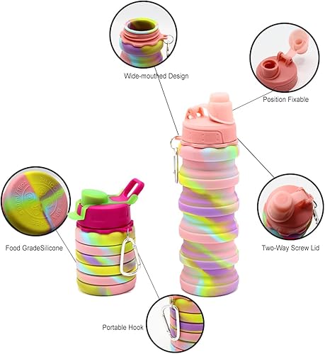 Miniatura 7 de Botellas de agua deportivas plegables de silicona de 16.9 fl oz, 16 onzas, tapa giratoria a prueba de fugas, sin BPA, retráctil, para el hogar, al