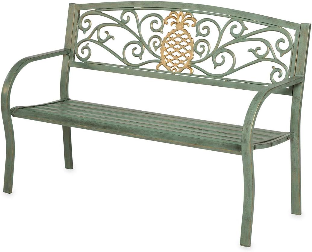 Evergreen Weatherproof Pineapple Outdoor Bench | Holds Up to 300 lbs | Garden Patio Porch Park Deck | Metal | Green