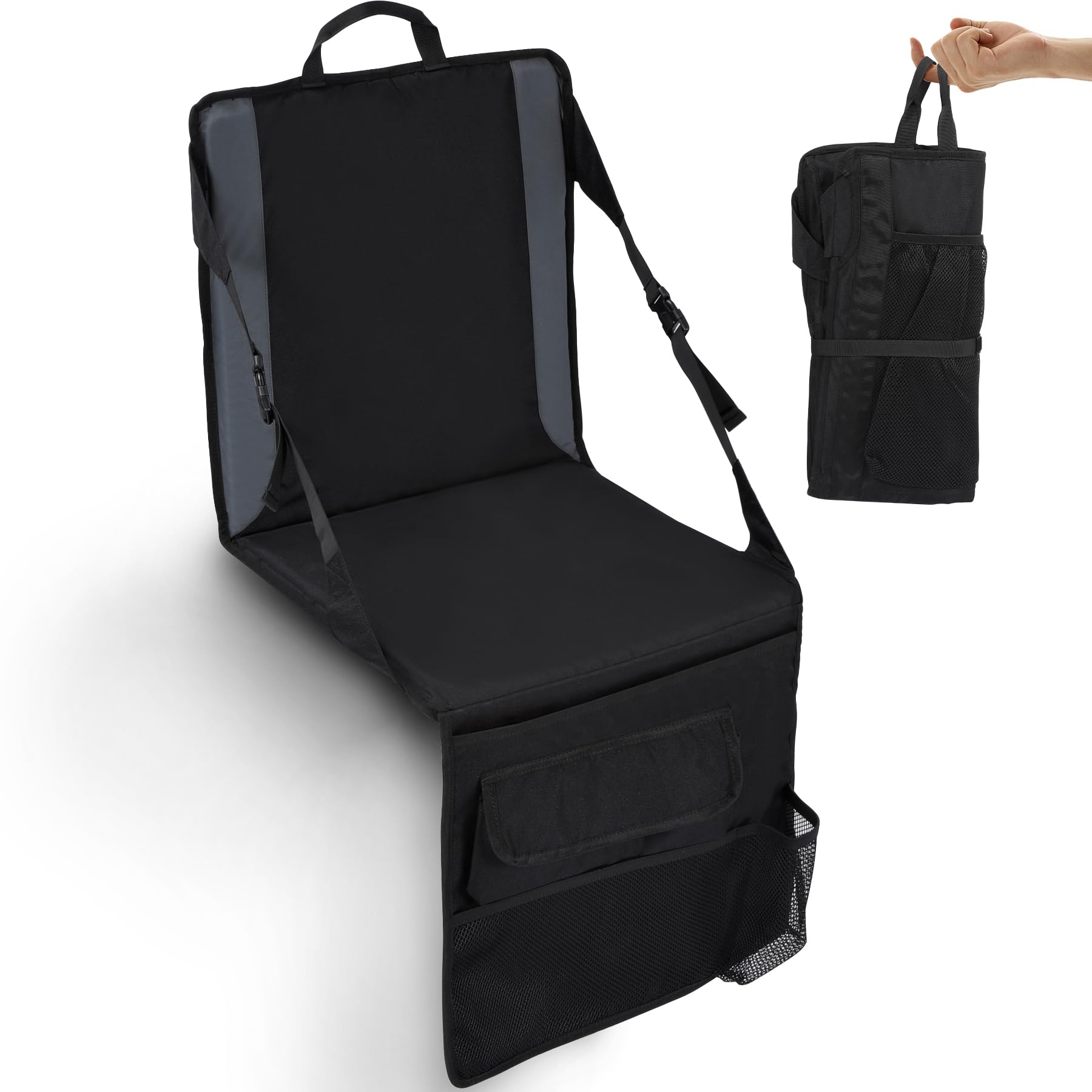 REDCAMP Portable Stadium Seat Bleacher Cushion, Folding Stadium Seats Ground Chair with Back for Camping Fishing Concert, Water Resistant, Black/Navy/