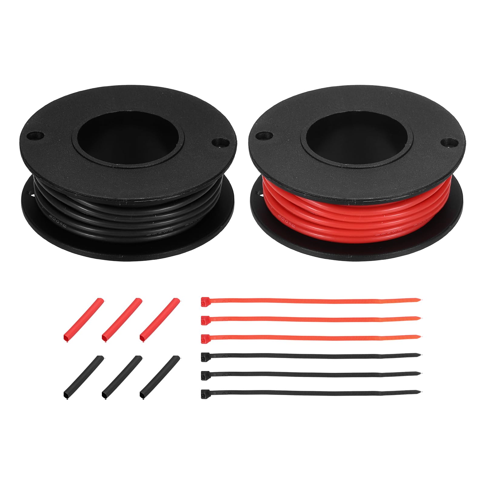 sourcing map 2pcs 20 AWG Silicone Electrical Wire Spool, 20 Gauge 4.6m/15ft Tinned Copper Electrical Wires with Heat Shrink Tubing & Cable Ties for Automotive, RV Inverter - Red & Black