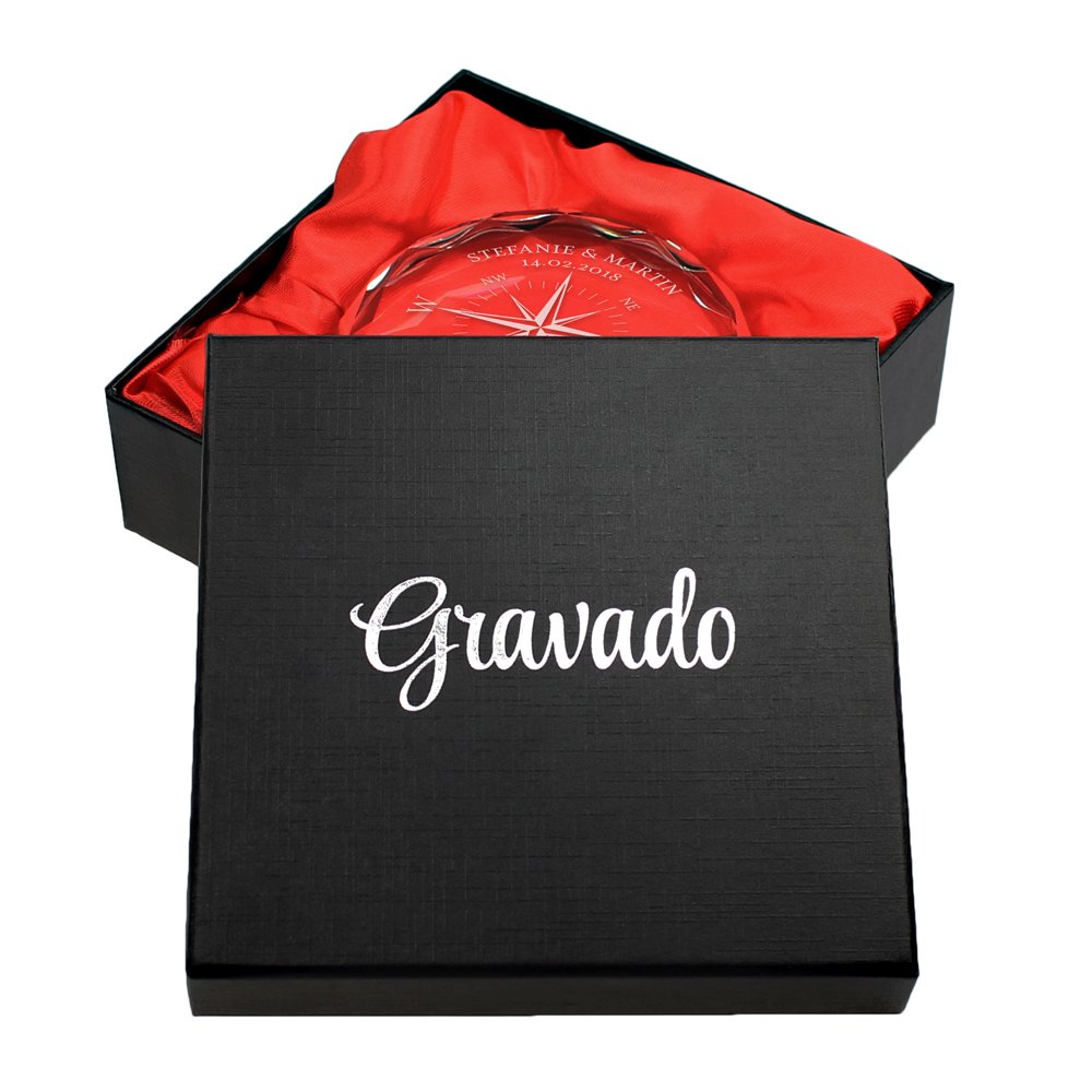Gravado Briefbeschwerer aus Glas mit Personalisierter Kompass Gravur, Namen und Datum, Geschenkidee für Liebespaare