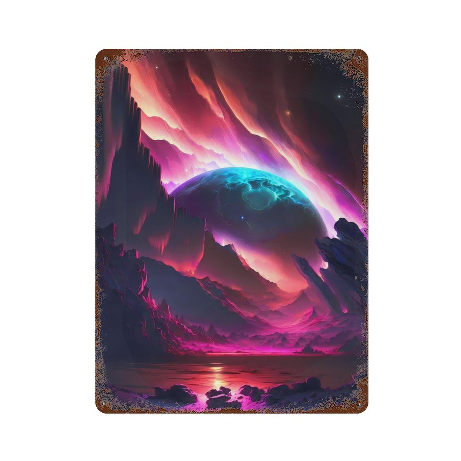 Fantasy Skyline Cosmos Vintage Wall Sign 15.7"x11.8", Rust Effect Metal Decor for Living Room, Hallway And Home Decor