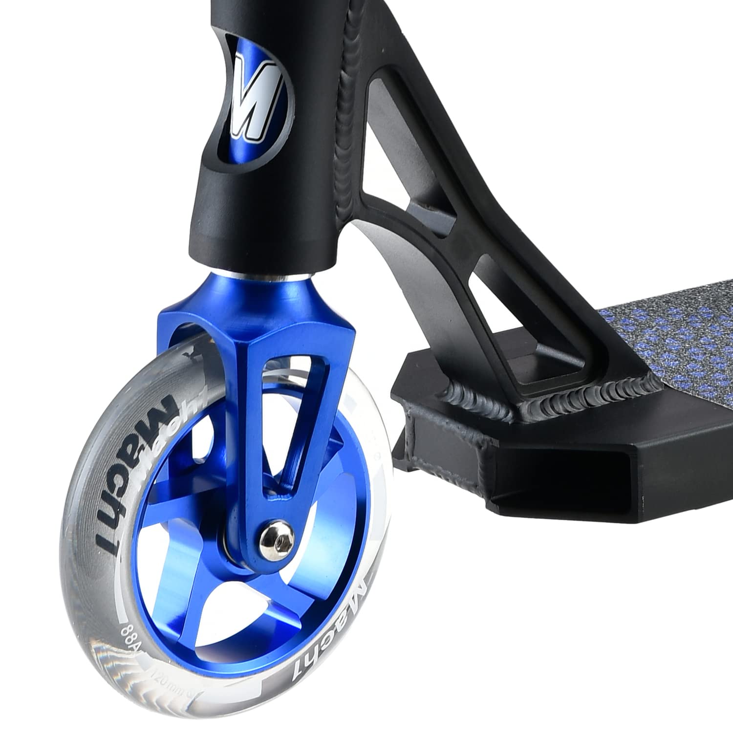 Mach1 Stunt Scooter Kierownica 360° – kółka 120 mm z aluminiowym rdzeniem i łożyskami kulkowymi ABEC 9, hulajnoga, Fun Stunts Trick Roller dla dzieci od 6 lat (czarno-niebieska z przezroczystymi kółkami)