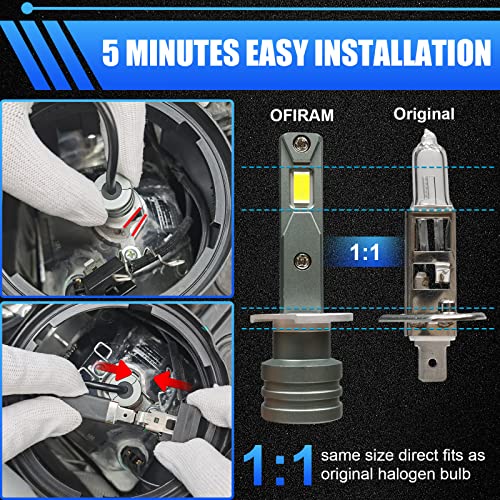 Ofiram H1 Led Headlight Bulb, 1:1 Mini Size H1 Led Fog Light Bulb Plug And Play High And Low Beam Headlights 500% Brighter 16000 Lumens Led Headlights Conversion Kit 6500K White (Pack Of 2) #TOP1
