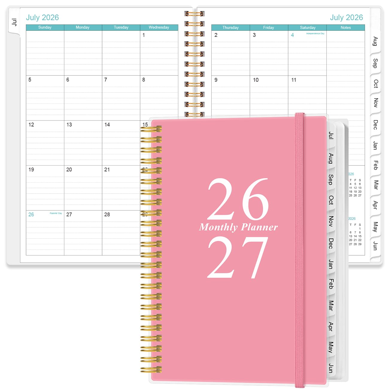 2026-2027 Monthly Planner - July 2026 - December 2027, Two Pages Per Month, 18 Monthly Calendar/Planner with Tabs, Inner Pocket, 6.4" x 8.5", Pink