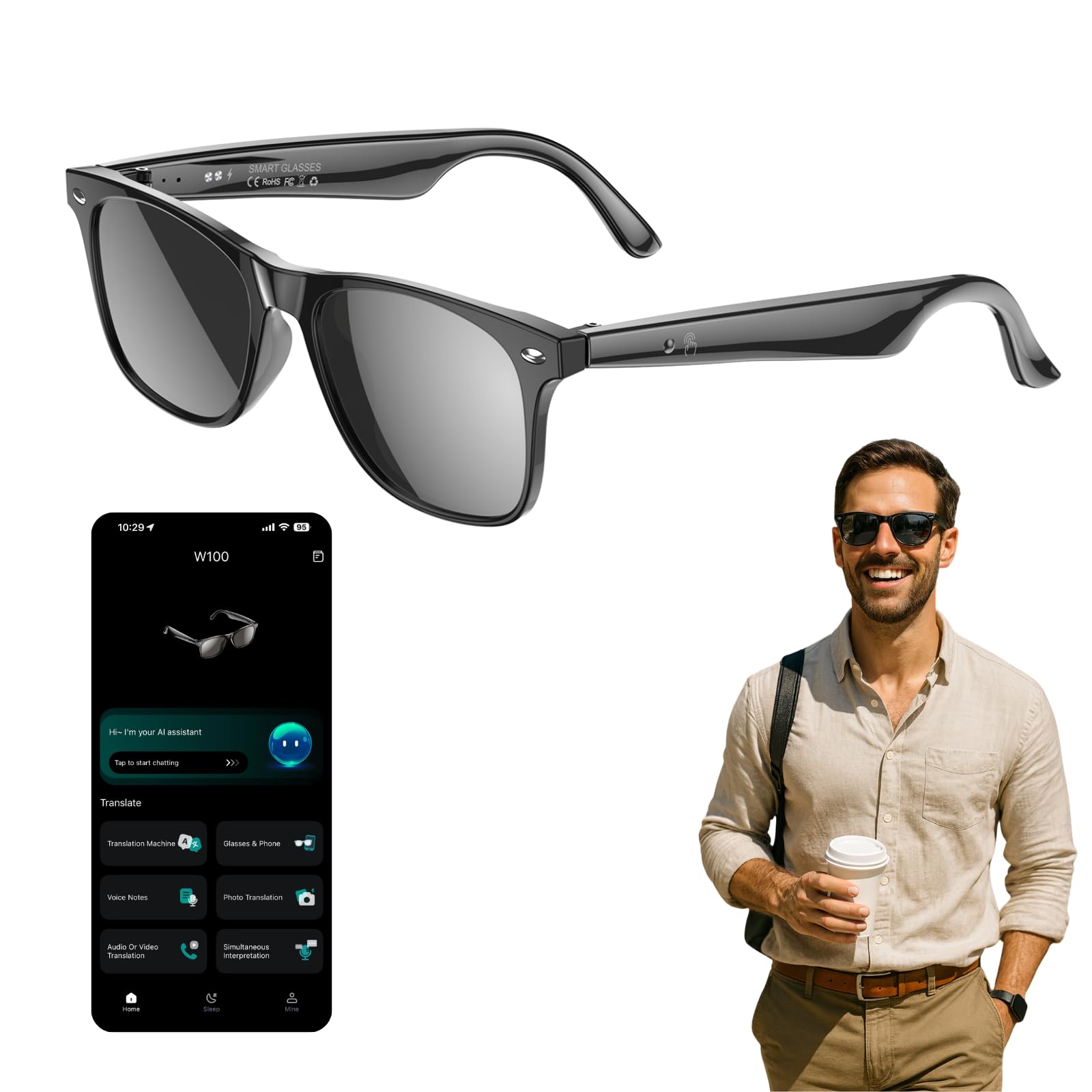 Smart AI Translation Glasses – 163 Languages Real-Time Translator, Bluetooth 6.0 Audio Sunglasses, AI Voice Assistant, IP67 Waterproof, Long Battery Life (Black)-image-36