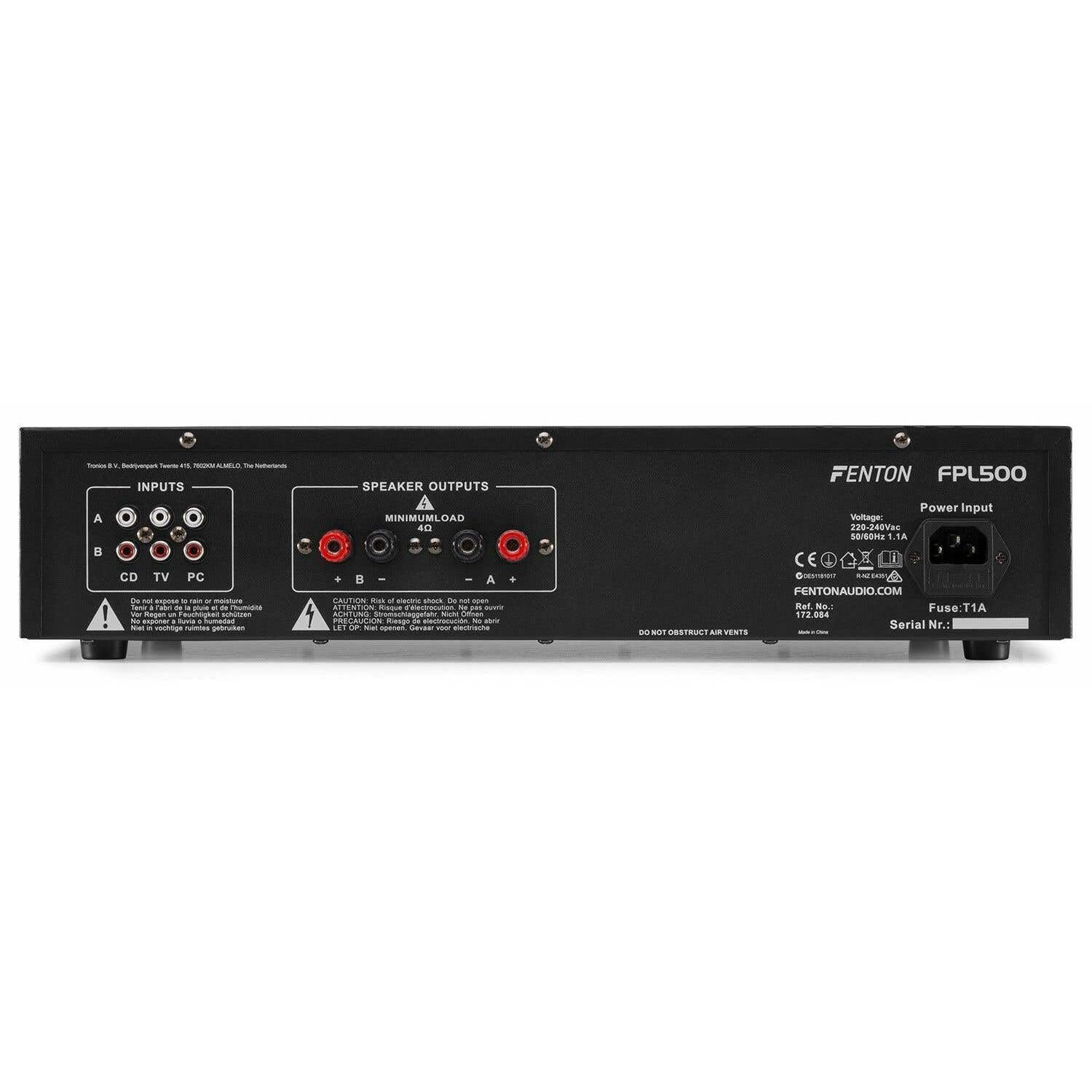 Fenton FPL500 Amplificador Digital clase D de 500W con panel frontal iluminado con LEDs Azules, 4 entradas estéreo, receptor bluetooth, reproductor MP3 USB/SD, mando a distancia incluido