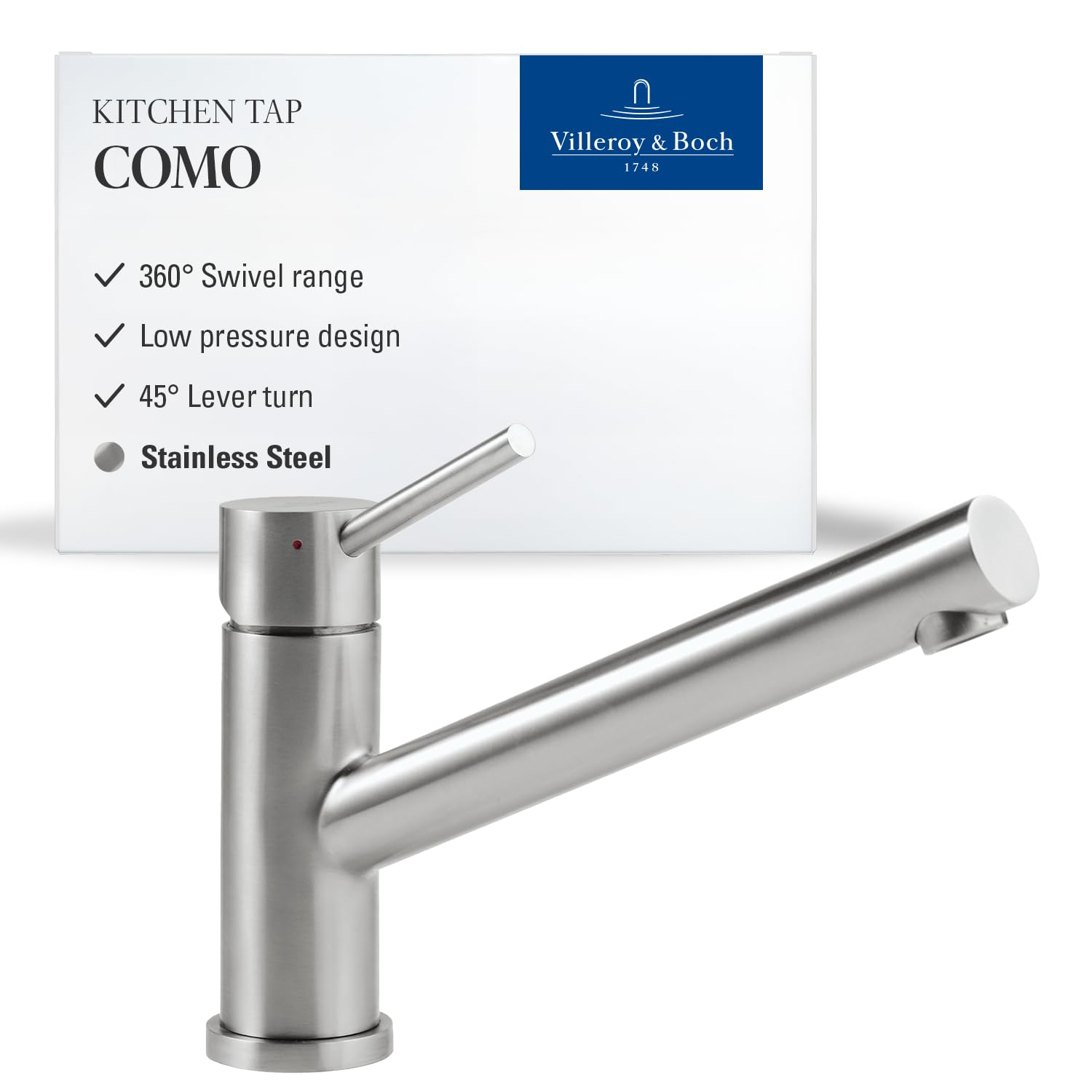 Villeroy & Boch Como bateria kuchenna, niskie ciśnienie, kran kuchenny z ceramicznym wkładem i zakresem obrotu 360°, bateria zlewozmywakowa, oszczędność wody, wysokość wylotu 135 mm, masywna stal