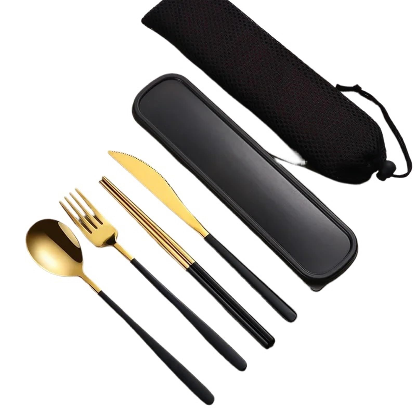 Juego de Cubiertos Juego de vajilla acero inoxidable, cubiertos portátiles, cuchillo, tenedor, cuchara, palillos(Silver-darkgreen)