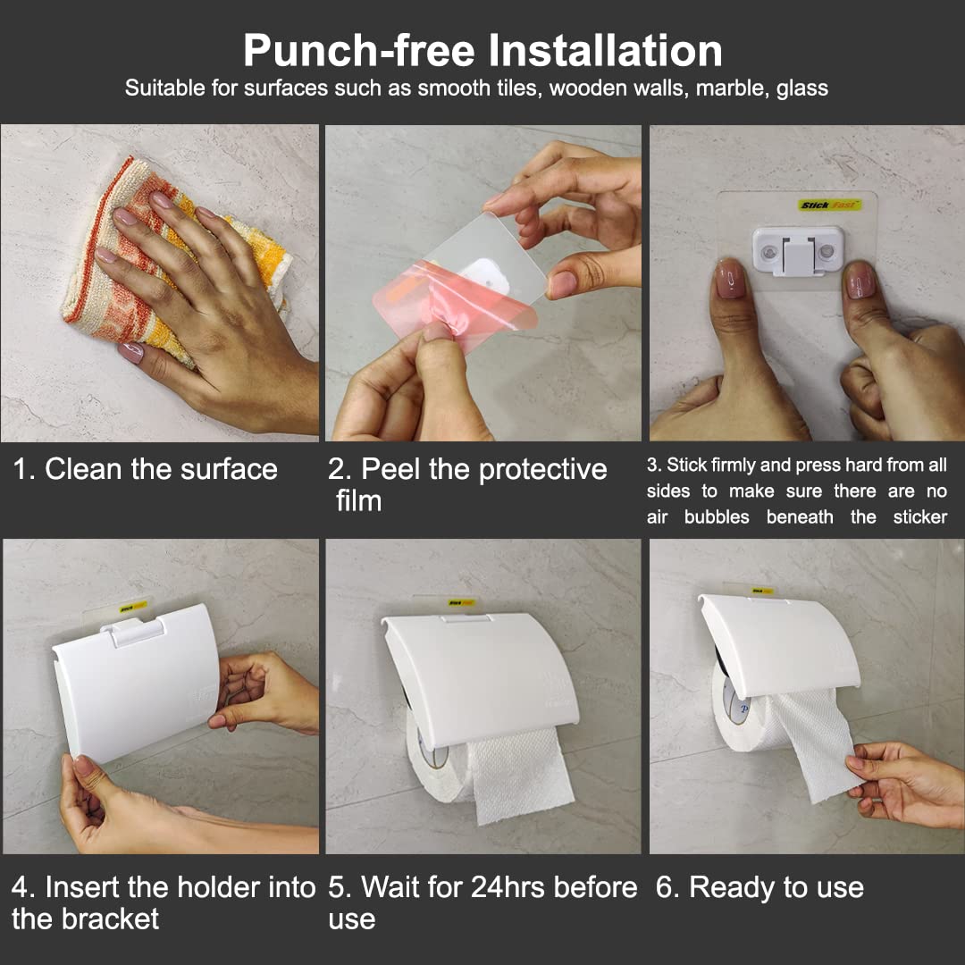 Stick Fast Self-Adhesive Toilet Paper Holder with 3M Sticker for Wall Mount Tissue Paper Roll Dispenser for Kitchen & Bathroom -White 3