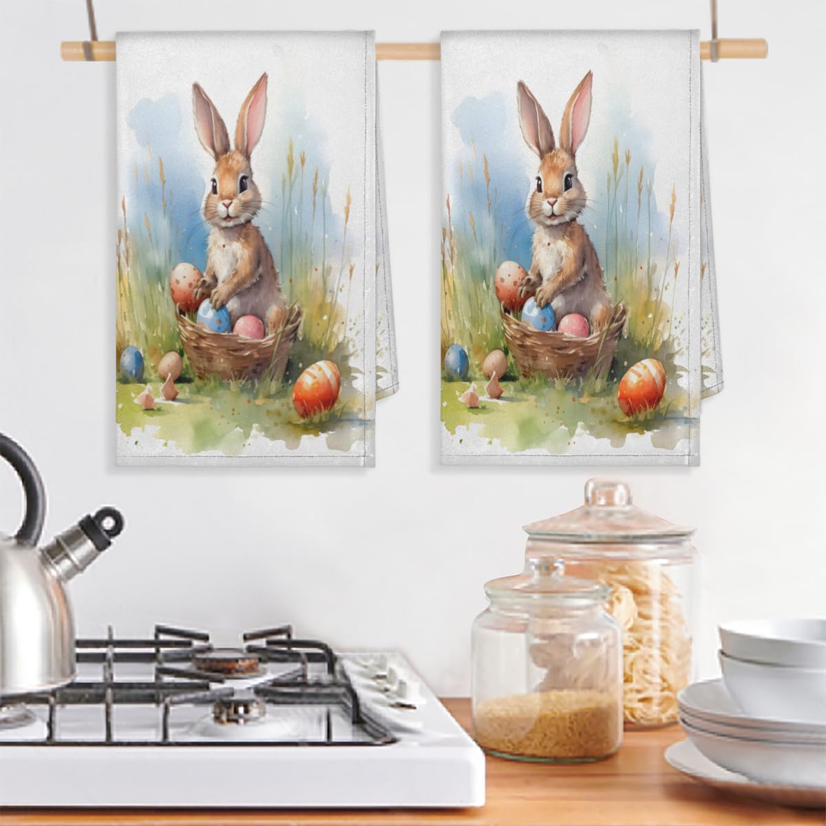 Strofinacci Pasqua 2 Pezzi - Cotone Assorbente, Motivo Conigli E Fiori, 43x66 Cm, Per Cucina - Foto 5