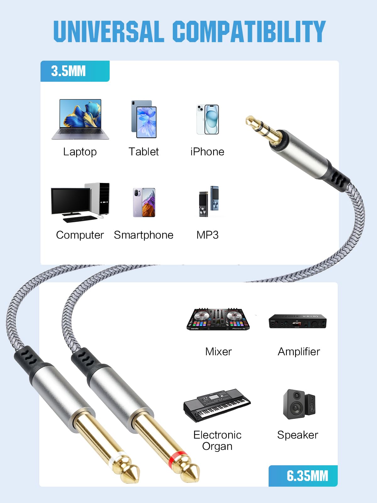 Paquete de 2 cables estéreo de 1/8 a 1/4 de 3,5 mm TRS a dual de 6,35 mm 1/4 TS mono Y Splitter adaptador de cable de audio compatible con iPhone, PC, tarjeta de sonido de computadora, mezclador