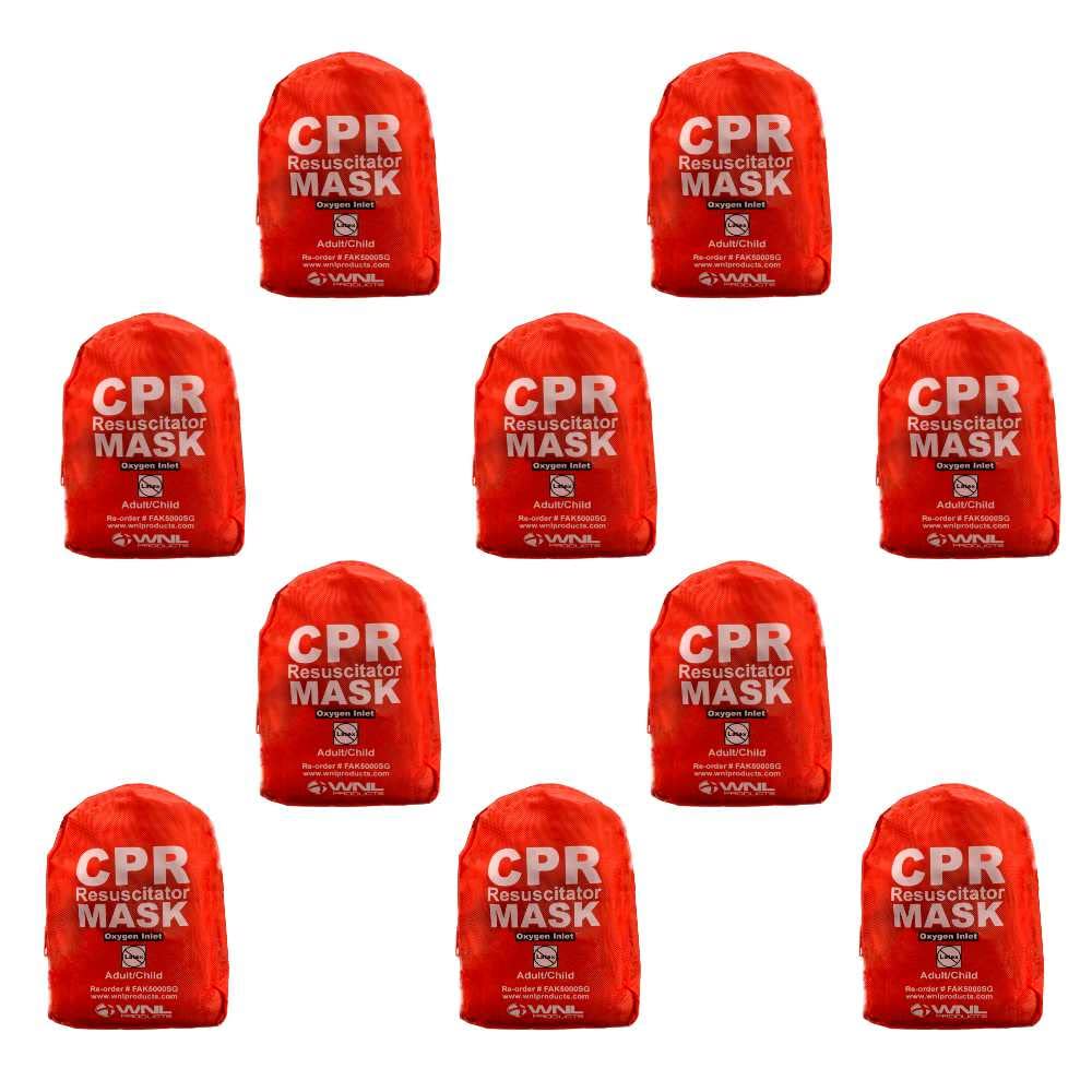 WNL Products CPR Rescue Mask, Adult/Child Pocket Resuscitator, Soft Case Kit with Belt Clip 10 Pack