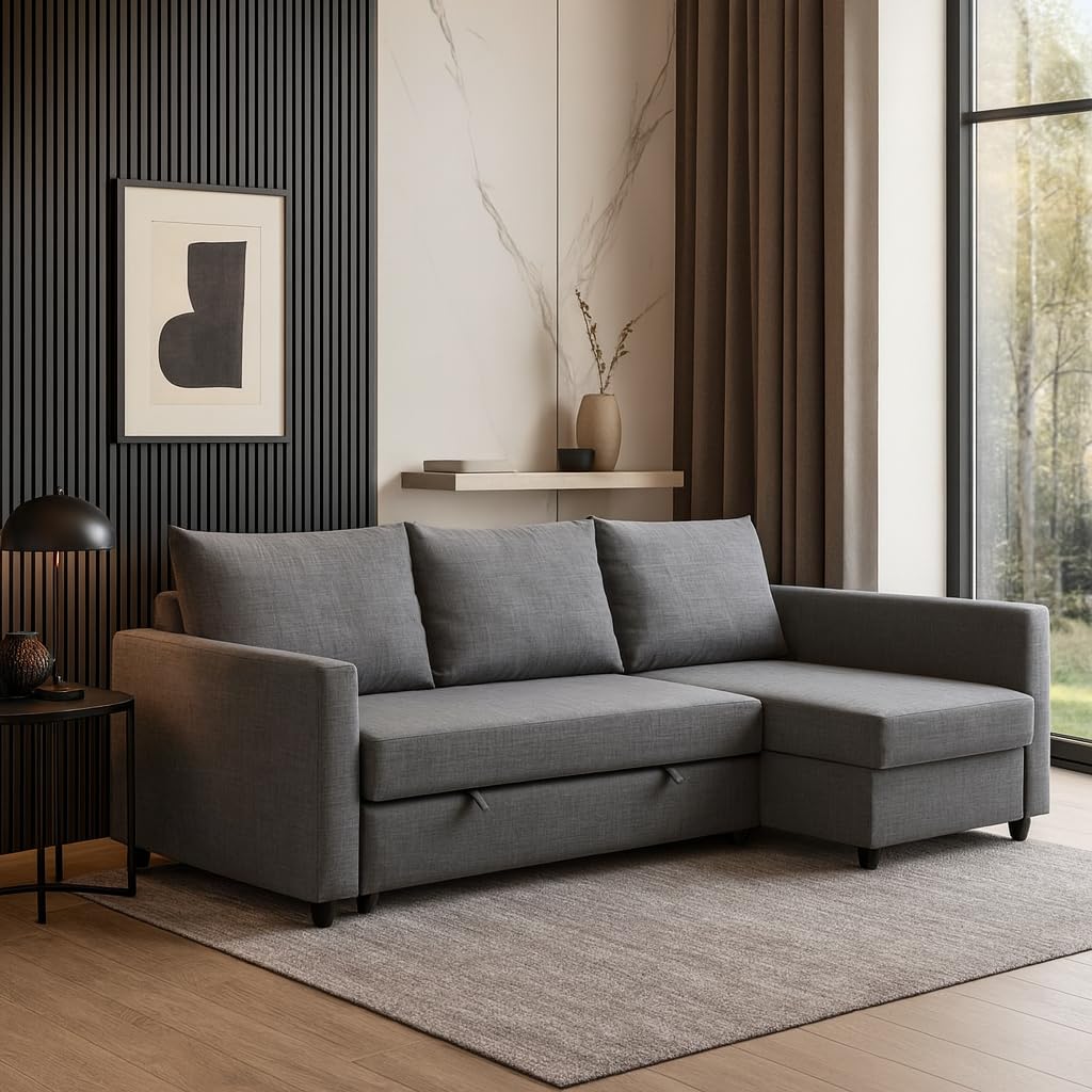 Convertible Sofa Cum Bed | Comfort Sofa & Free Cushion | L-Shape Corner Sofa Plus Diwan Bed with Storage Box for Living Room, Home, Office, Apartment, Studio Room Furniture