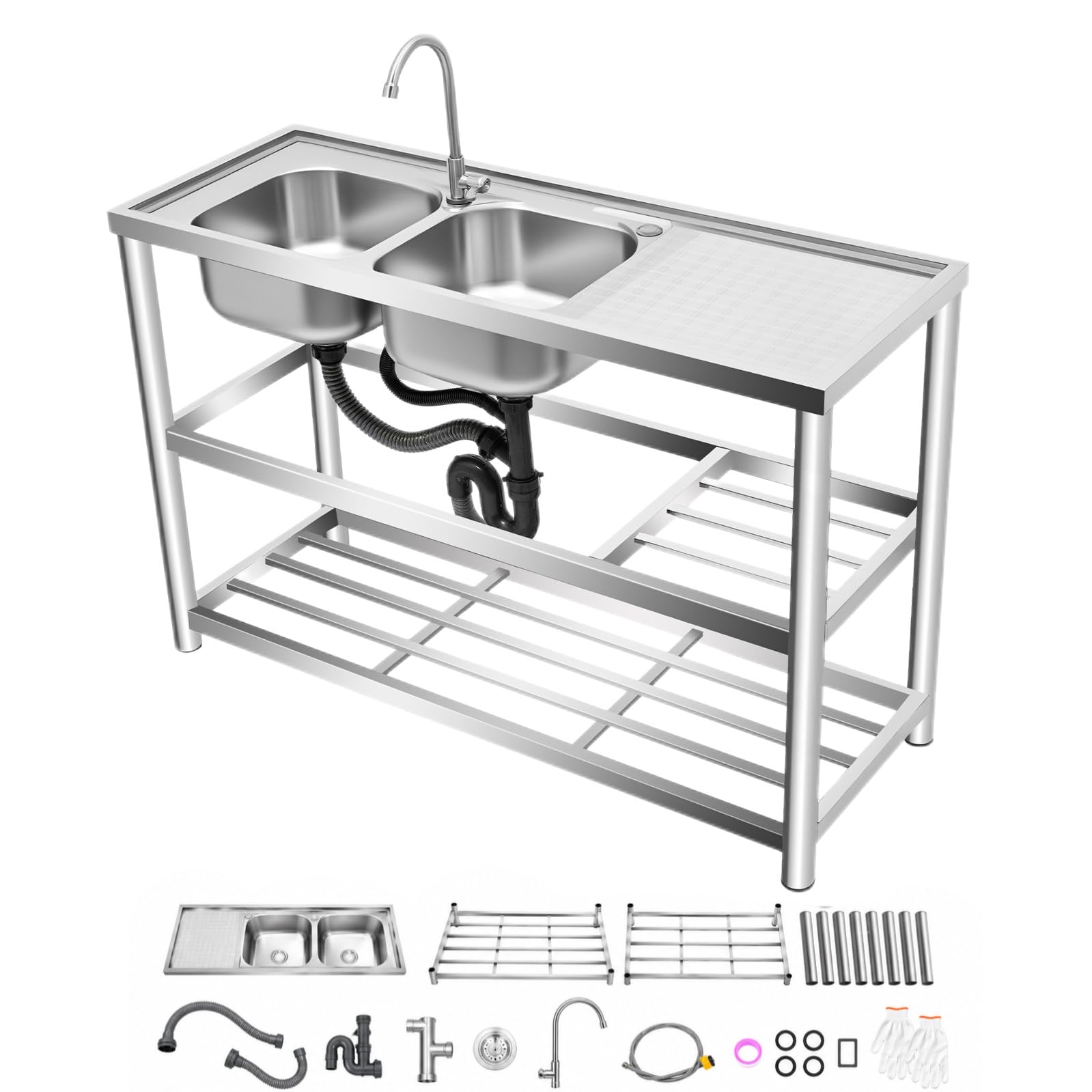 Fregadero Exterior, Lavabo de Acero Inoxidable 120x45x80 cm, Doble Cubeta 33x33 cm, Fregadero de Cocina con Grifo 360°, Carga Hasta 100kg, para Restaurante, Cocina, Exterior