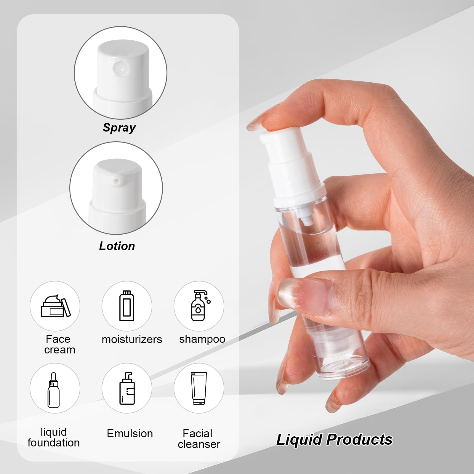 Leikedun 10 flaconi vuoti a pompa airless da 10 ml, ricaricabili, trasparenti, da viaggio, contenitori per cosmetici, con adesivi, per fondotinta, essenza, crema, lozioni, articoli da toeletta