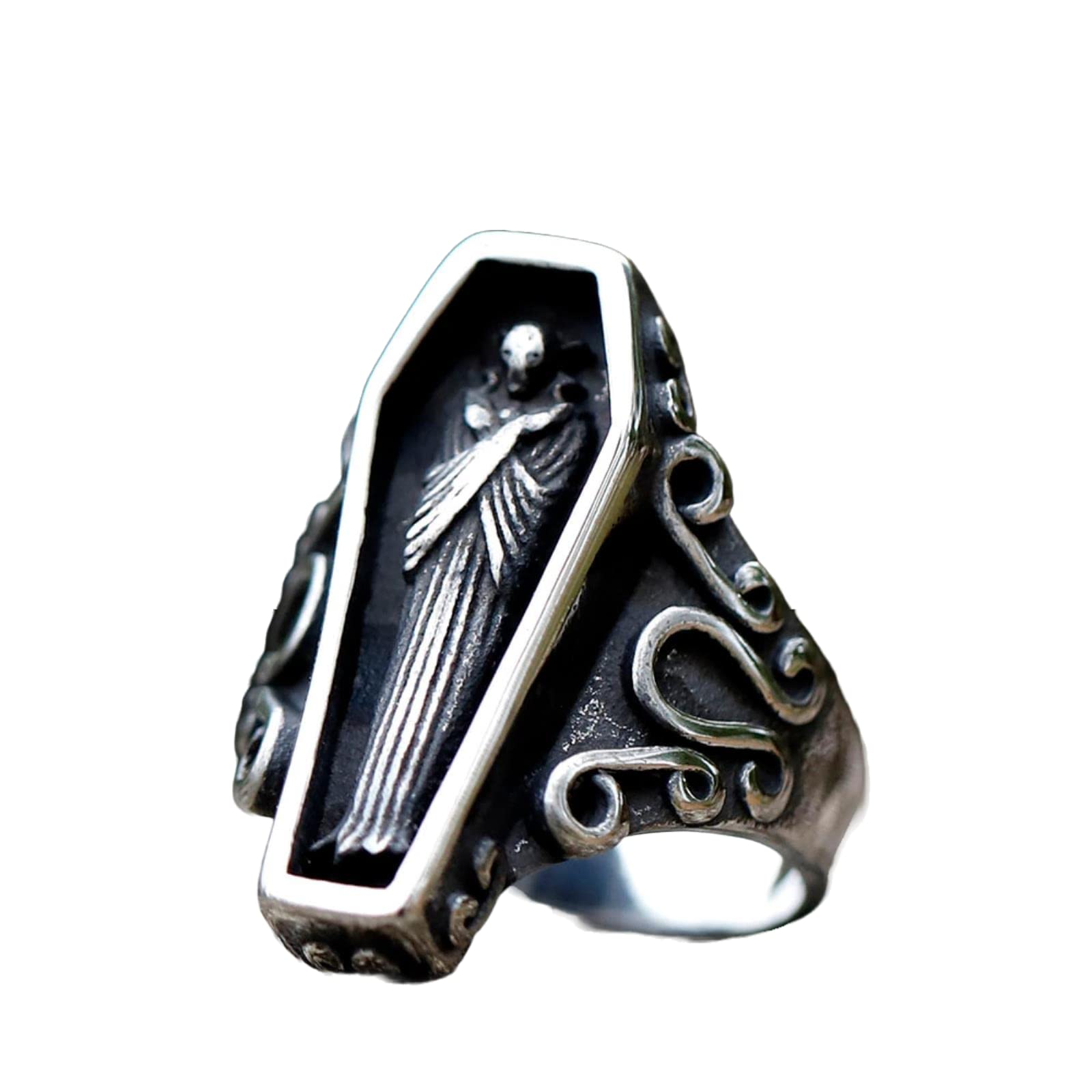 Laychen Men's See Image New Ring New Creative Designs Double Skull Coffin Ring For Gothic Punk Jewelry