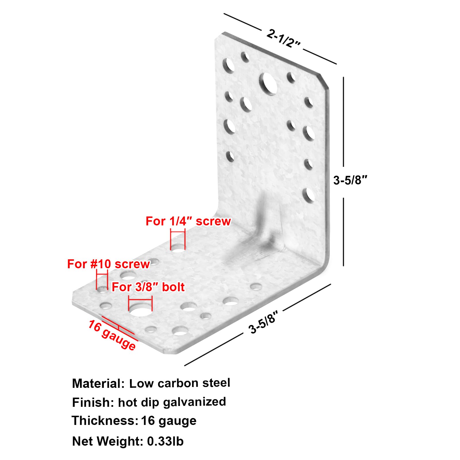 50 soportes de ángulo recto en L de acero de 3-5/8 pulgadas, soportes de esquina de metal galvanizado de 90 grados con nervadura de refuerzo, estantes de madera, conector de madera para muebles