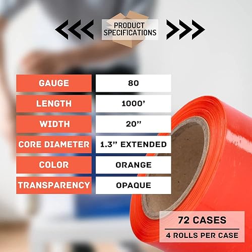 Vista 55 de PSBM - Rollo de película elástica roja con asas de núcleo extendido, 1 paquete, 20 pulgadas x 1000 pies, calibre 80, rollos de película elástica a