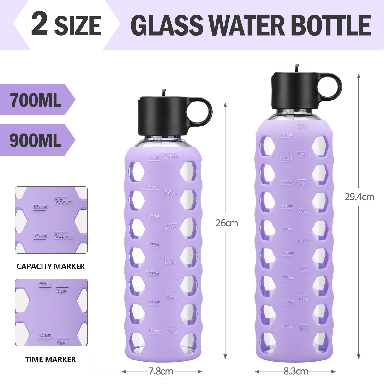 BLUEGO Borracce in vetro, 700ml Bicchiere in vetro, Bottiglie per bere con 2 coperchi, Bottiglia per l'acqua sportiva con custodia in silicone, A prova di perdite, Viola