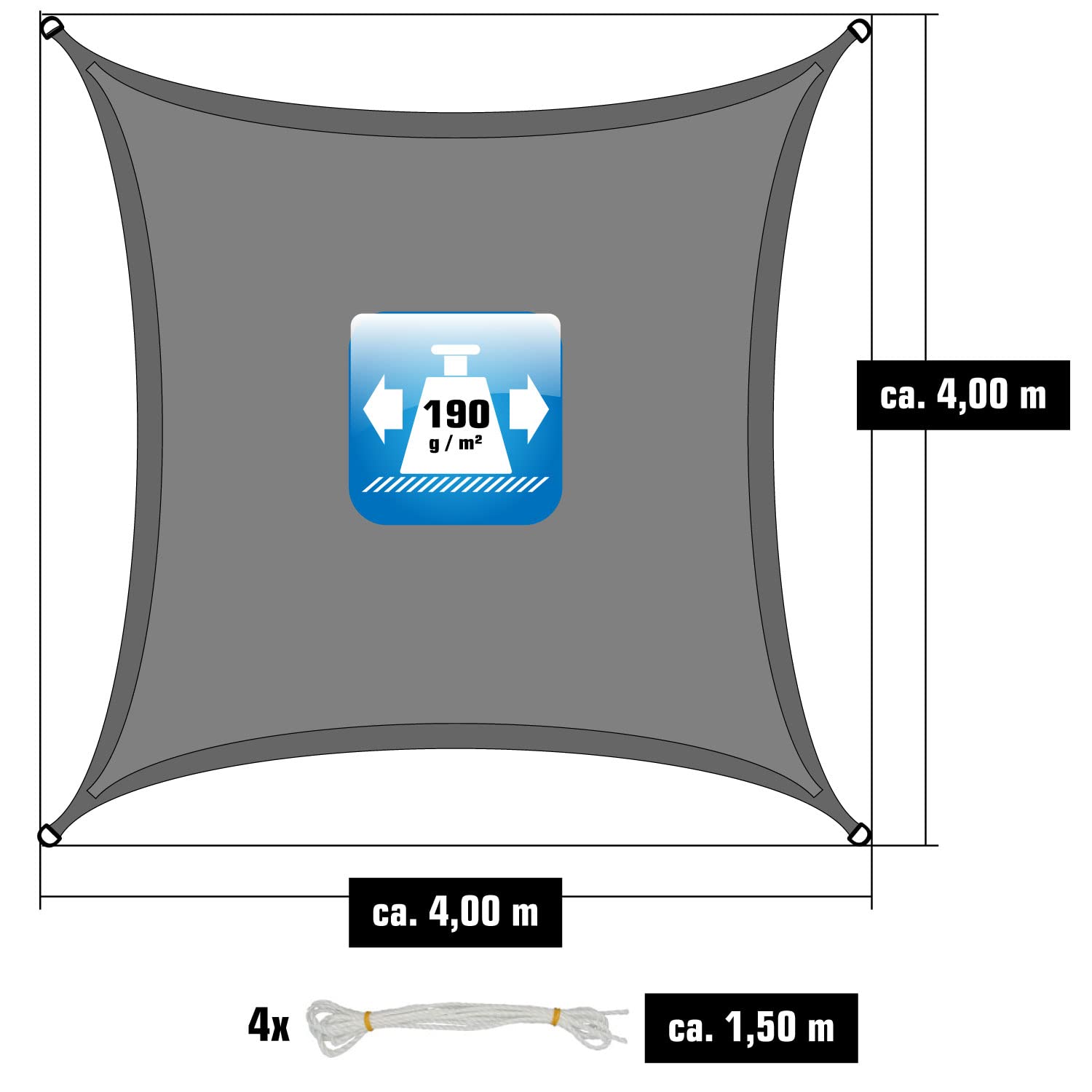 AMANKA 98% UV Schutz: Sonnensegel 4x4 Wasserdicht - Polyester-Sonnensegel Grau mit 85% Schatten für Terrasse, Balkon, Garten und Pool